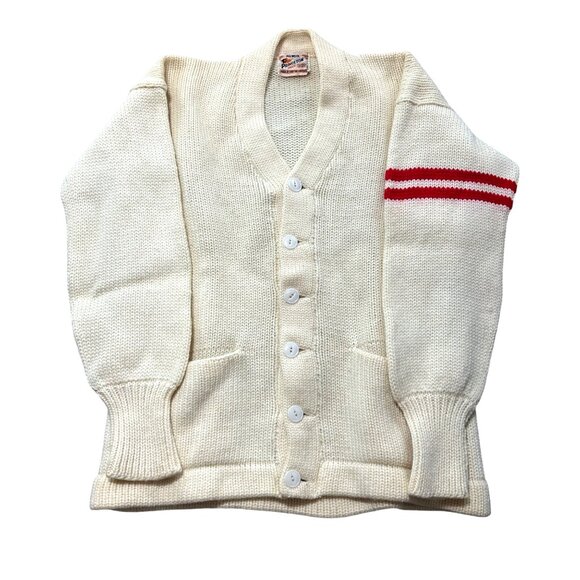 Knitting Masters Vintage 1950s Princeton Wool Cardigan Sweater W/ Red Stripes - Picture 1 of 7
